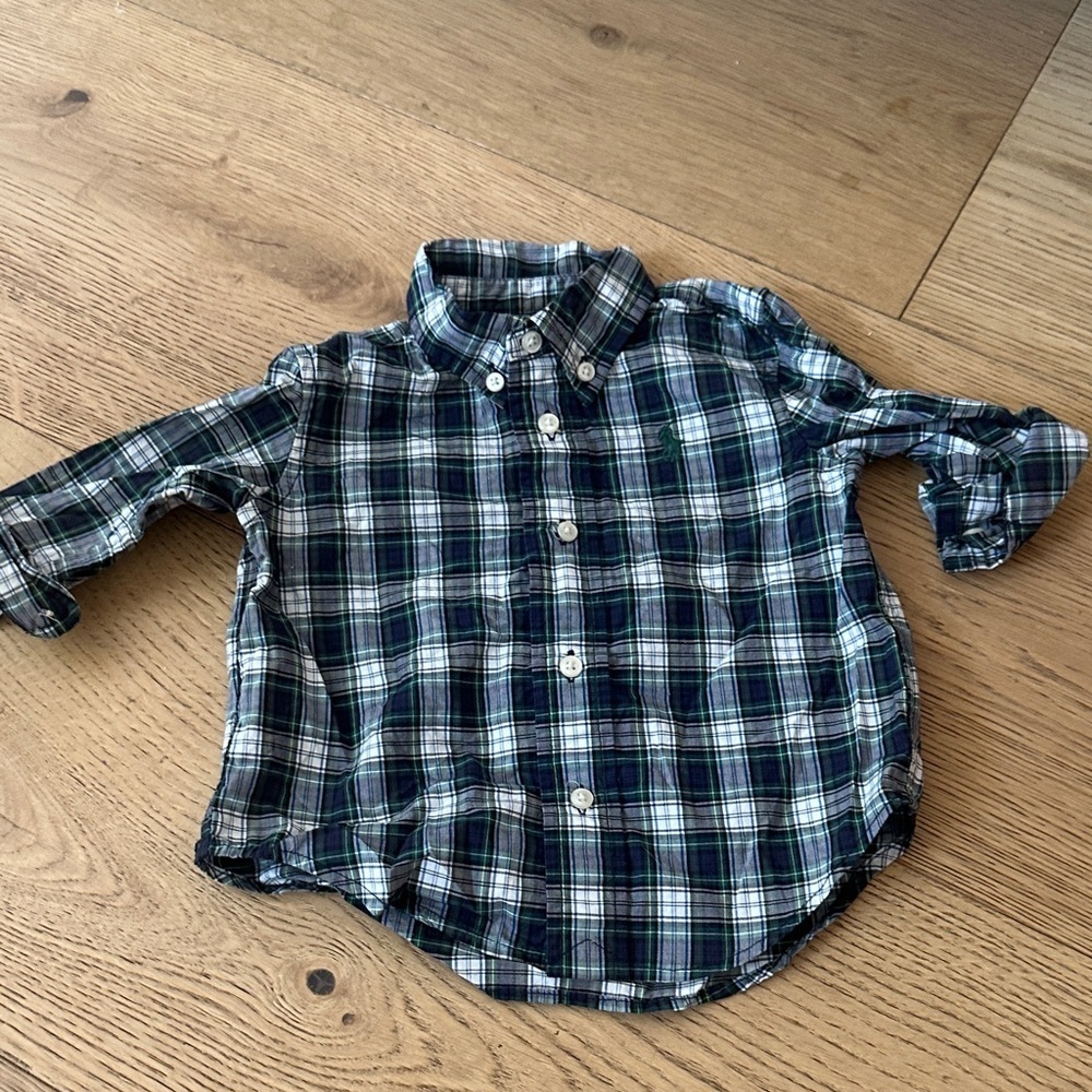 Ralph Lauren Kids baby button down Plaid Shirt - Navy and White 12m green